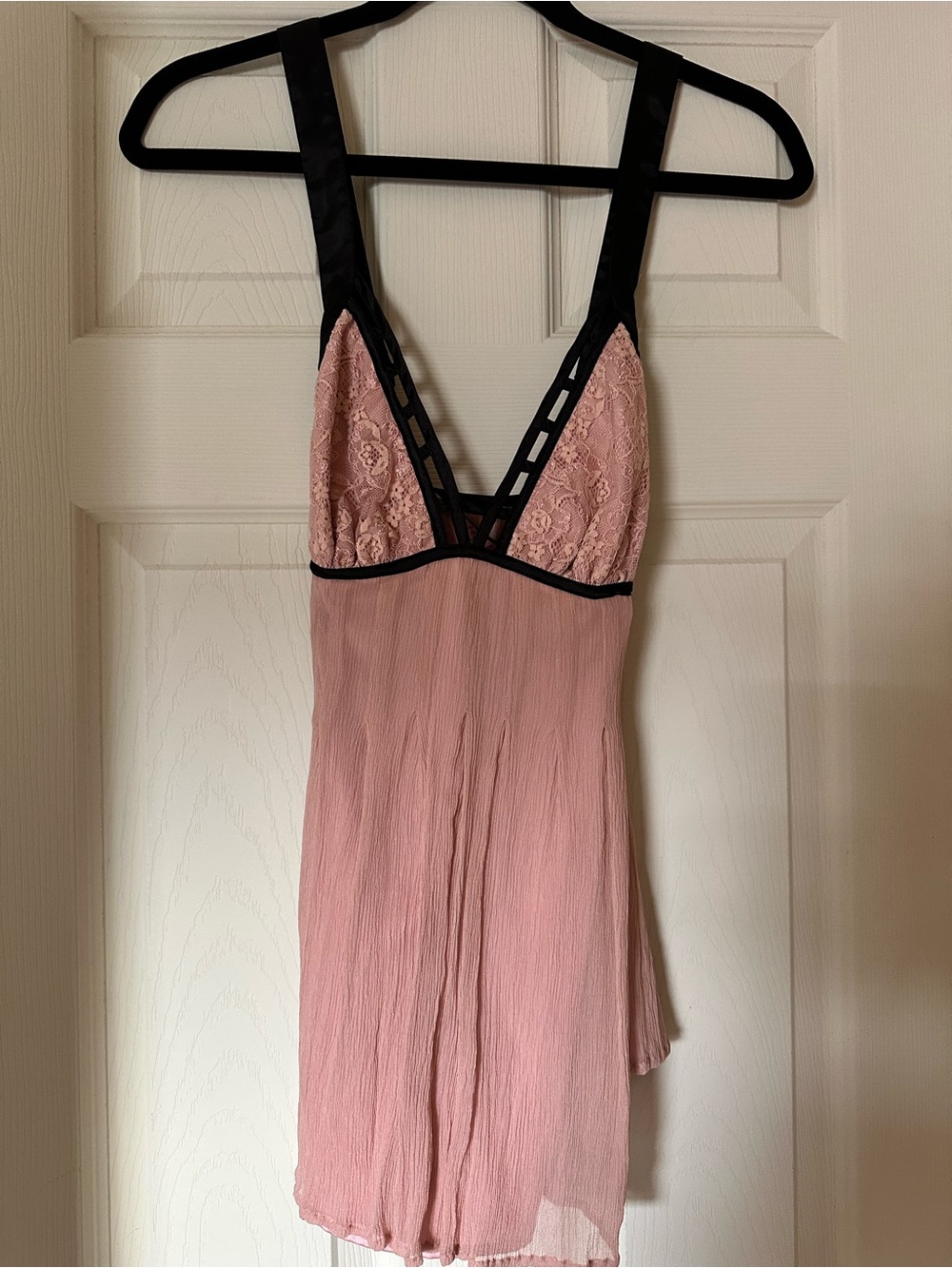 Bebe Women's Pink Lace-Trim Chemise with Black Straps